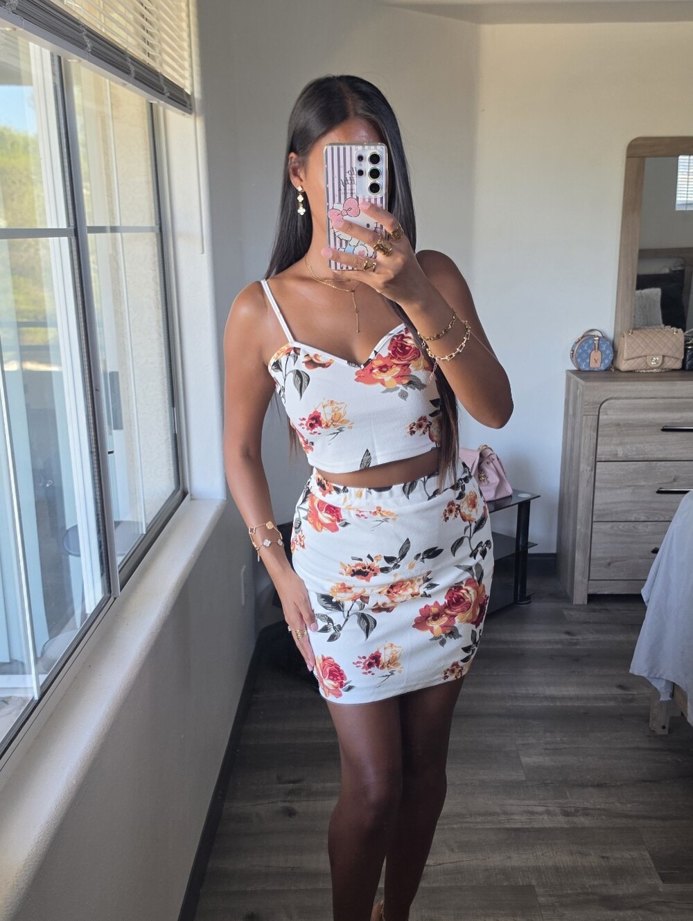 Floral White Two-Piece Bodycon Dress Very Stretchy Not-transparent